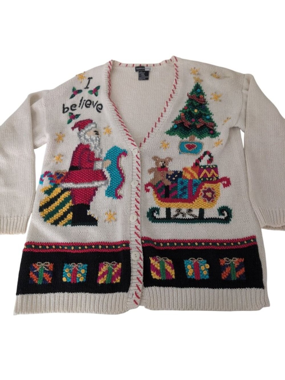 Vintage I Believe Ugly Christmas Cardigan Womens Size XL Embroidered Santa